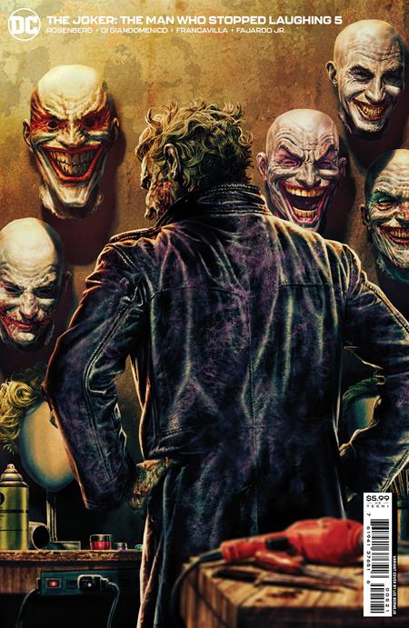 jokers back with laughing masks behind him