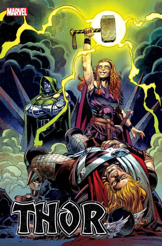 doctor doom and woman with hammer over thor
