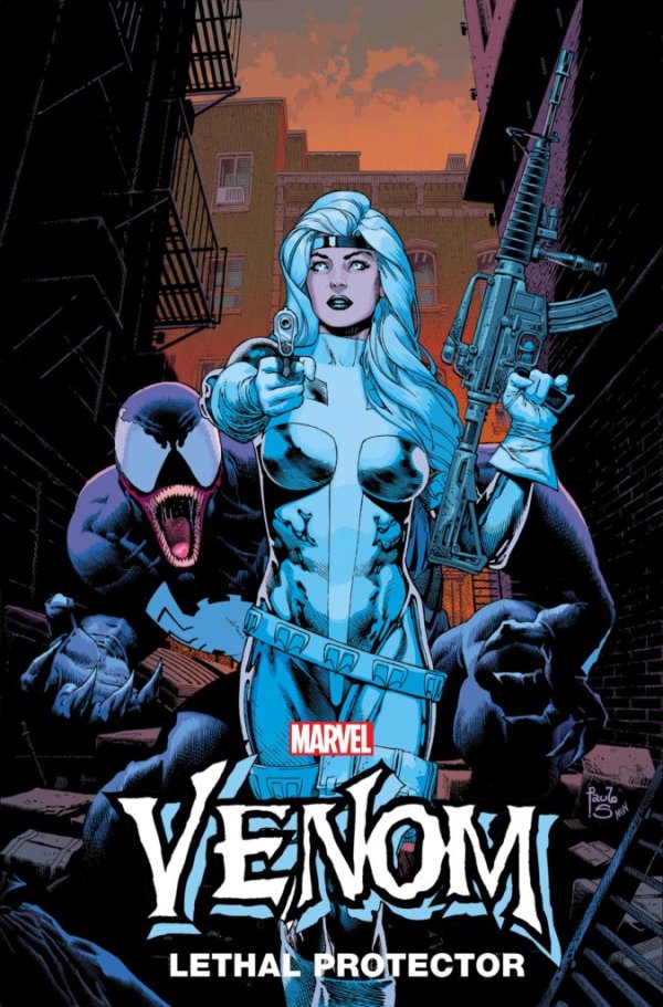 venom and woman with big gun