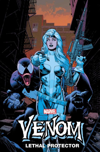 venom and woman with big gun