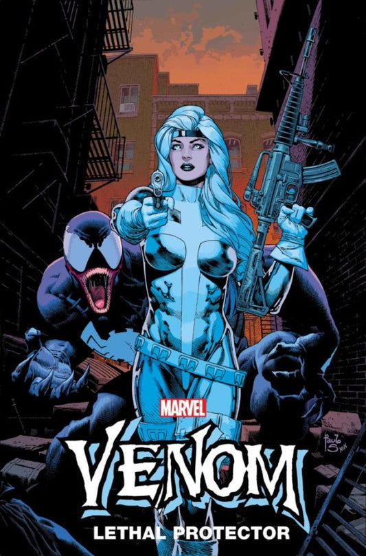 venom and woman with big gun